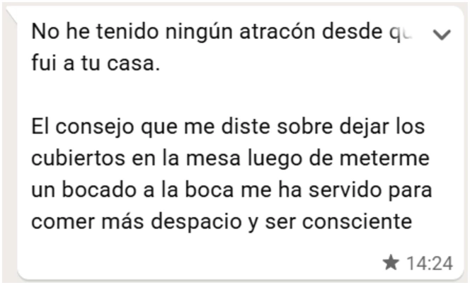 Mensaje de WhatsApp de una paciente del programa PLENA