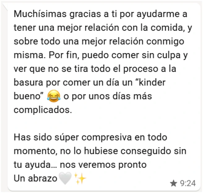 Mensaje de WhatsApp de una paciente del programa PLENA