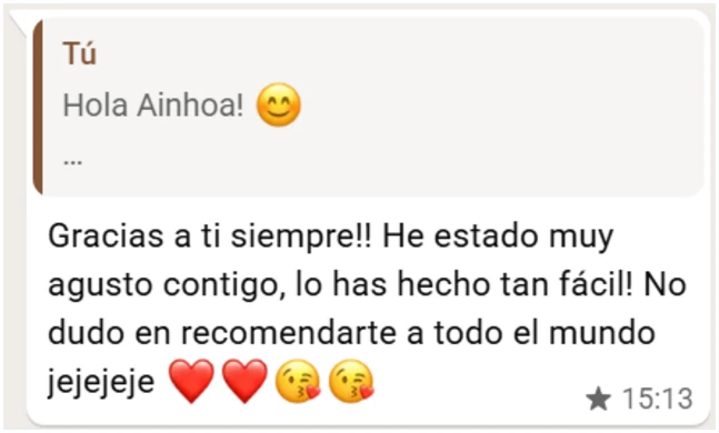 Mensaje de WhatsApp de una paciente del programa PLENA