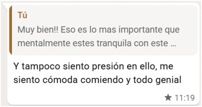 Mensaje de WhatsApp de una paciente del programa PLENA